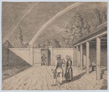 A couple conversing in a stable yard, with a double rainbow overhead, from Linear Perspec..., 1841. Creator: CW Eckersberg