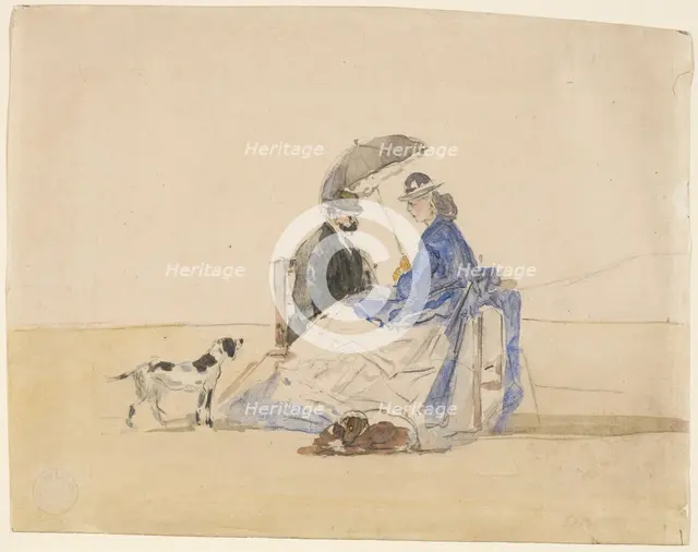 A Couple Seated on the Beach with Two Dogs, c. 1865. Creator: Eugene Louis Boudin.