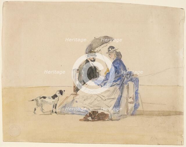 A Couple Seated on the Beach with Two Dogs, c. 1865. Creator: Eugene Louis Boudin.