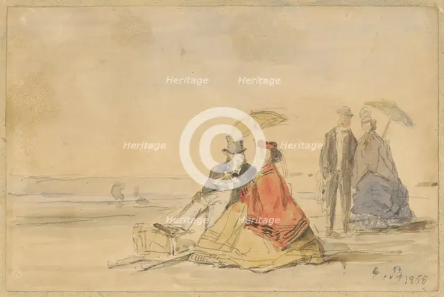 A Couple Seated and a Couple Walking on the Beach, 1865. Creator: Eugene Louis Boudin.