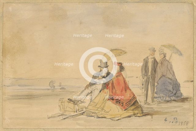 A Couple Seated and a Couple Walking on the Beach, 1865. Creator: Eugene Louis Boudin.