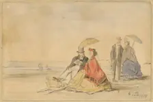 A Couple Seated and a Couple Walking on the Beach, 1865. Creator: Eugene Louis Boudin