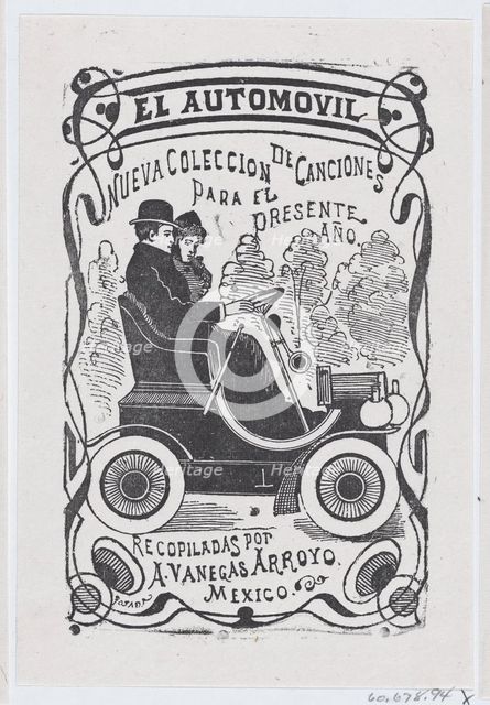 A couple sitting in an automobile, illustration for ' El Automóvil,' published by..., ca. 1880-1910. Creator: José Guadalupe Posada.