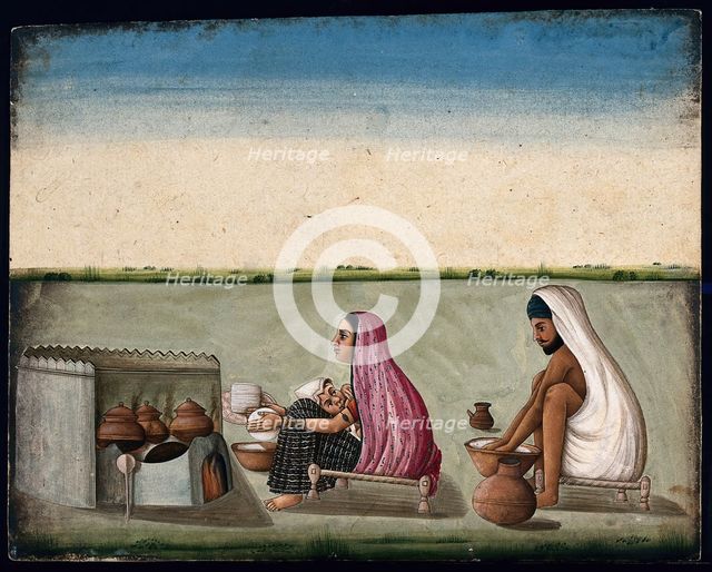 A couple preparing tandoori rotis: the woman faces the tandoor and..., (between 1800 and 1899?). Creator: Unknown.