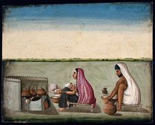 A couple preparing tandoori rotis: the woman faces the tandoor and..., (between 1800 and 1899?). Creator: Unknown