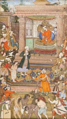 A Court Scene, Folio from a Manuscript of Sadi's Gulistan (Rose Garden), Colophon dated 1596. Creator: Basawan