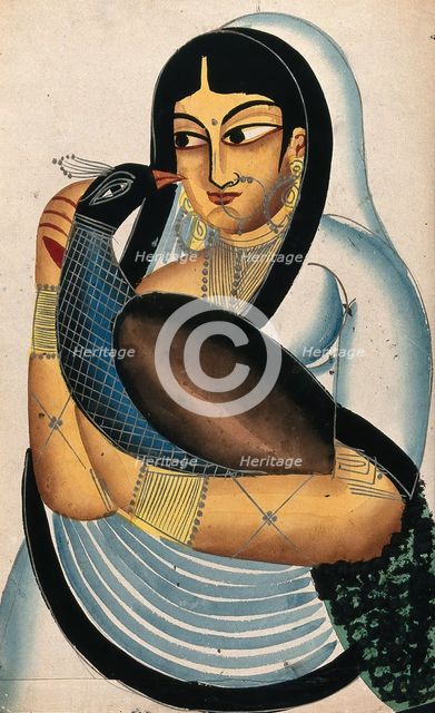 A courtesan carrying a peacock. Creator: Unknown.