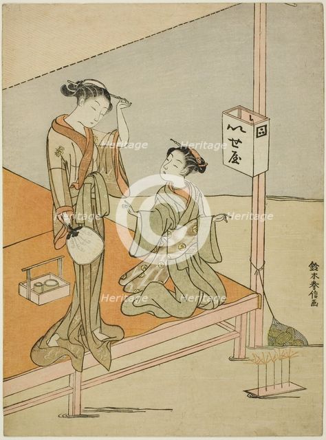 A Courtesan and Her Attendant at the Riverside Teahouse Iseya, c. 1768/69. Creator: Suzuki Harunobu.