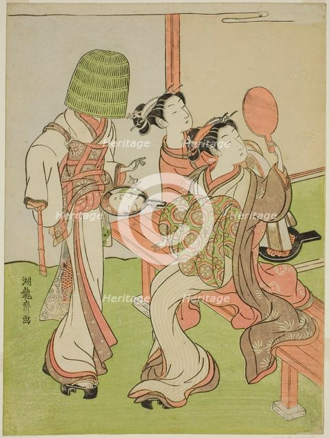 A Courtesan and Her Attendant Using Mirrors to Identify a Mendicant Monk, c. 1772. Creator: Isoda Koryusai.