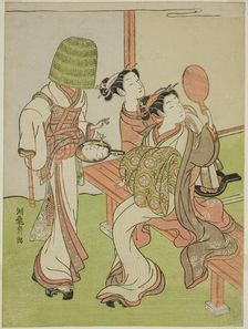 A Courtesan and Her Attendant Using Mirrors to Identify a Mendicant Monk, c. 1772. Creator: Isoda Koryusai