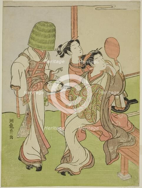 A Courtesan and Her Attendant Using Mirrors to Identify a Mendicant Monk, c. 1772. Creator: Isoda Koryusai.