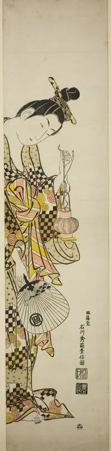 A Courtesan Holding a Lantern and a Fan, c. 1745. Creator: Ishikawa Toyonobu