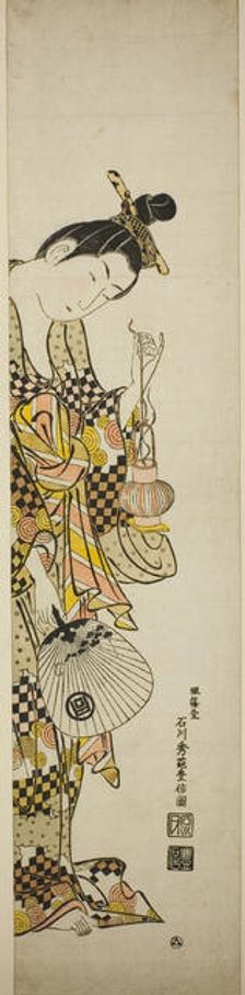 A Courtesan Holding a Lantern and a Fan, c. 1745. Creator: Ishikawa Toyonobu