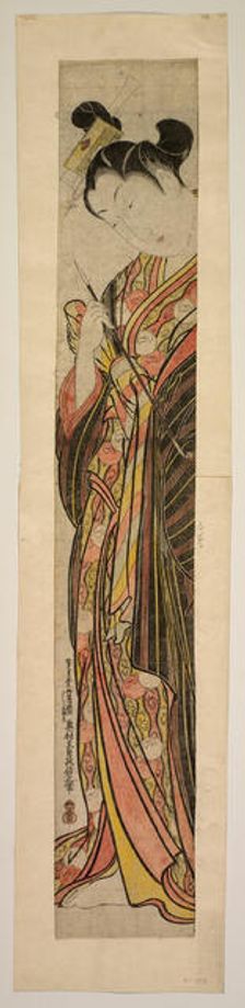 A courtesan holding a pipe, mid-1740s. Creator: Okumura Masanobu