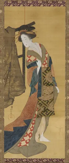 A courtesan standing near a clothes rack, Edo period, early 19th century. Creator: Hishikawa Sori