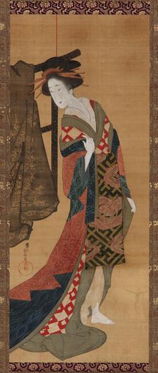 A courtesan standing near a clothes rack, Edo period, early 19th century. Creator: Hishikawa Sori