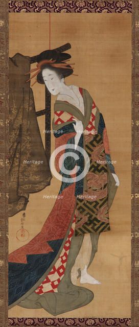 A courtesan standing near a clothes rack, Edo period, early 19th century. Creator: Hishikawa Sori.