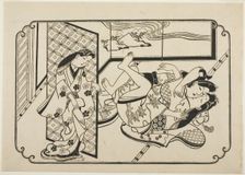 A Courtesan with Her Client, the first sheet of an untitled erotic picture album, c. 1673/81. Creator: Hishikawa Moronobu