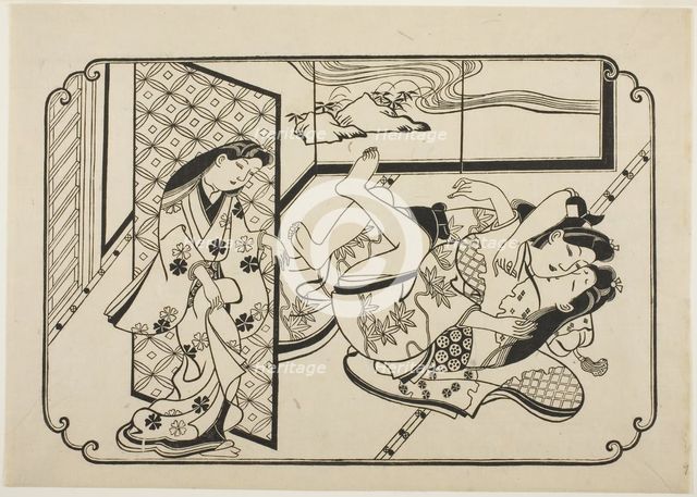 A Courtesan with Her Client, the first sheet of an untitled erotic picture album, c. 1673/81. Creator: Hishikawa Moronobu.