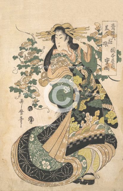 A Courtesan with Morning-glories on the Background. Creator: Utamaro II.