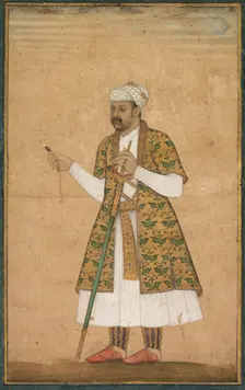 A Courtier, Possibly Khan Alam, Holding a Spinel and a Deccan Sword, c. 1605-1610. Creator: Govardhan (Indian, active c.1596-1645), attributed to ; Abd al-Rahim, the Anbarin-Qalam (Indian, active c. 1590-1630)