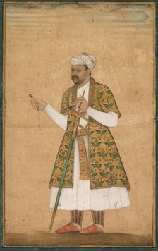 A Courtier, Possibly Khan Alam, Holding a Spinel and a Deccan Sword, c. 1605-1610. Creator: Govardhan (Indian, active c.1596-1645), attributed to ; Abd al-Rahim, the Anbarin-Qalam (Indian, active c. 1590-1630)