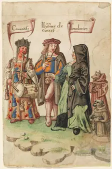 A Courtier Standing Between Covetousness and Dissimulation [fol. 14 recto], 1512/1514. Creator: Unknown