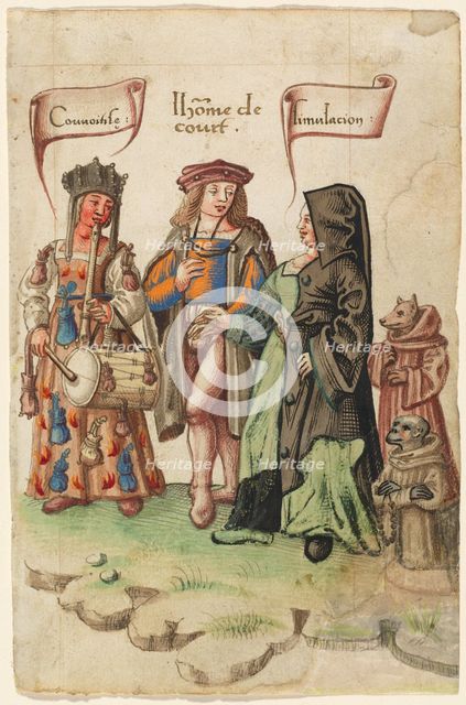 A Courtier Standing Between Covetousness and Dissimulation [fol. 14 recto], 1512/1514. Creator: Unknown.