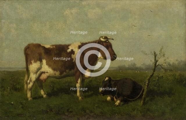 A Cow with her Calf in a Meadow, 1879. Creator: Jan Vrolijk.