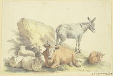 A cow, three sheep, a donkey, and a calf, 1800. Creator: Georg Friedrich Ackermann