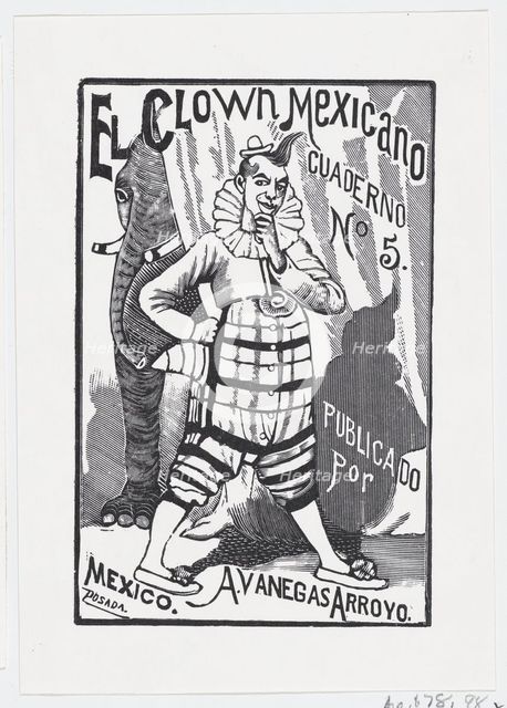 A clown standing with one hand on his hip and an elephant peering out from behind..., ca. 1880-1910. Creator: José Guadalupe Posada.