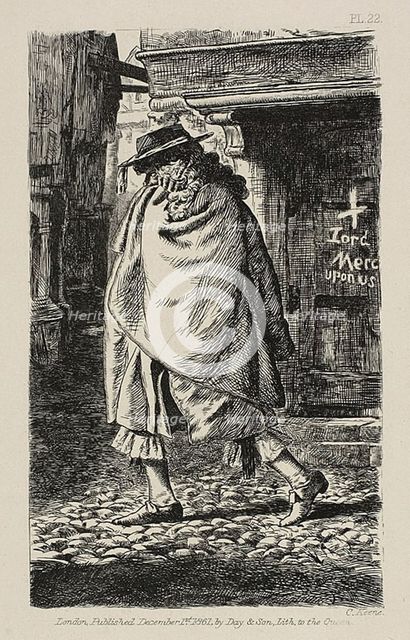 A Cloaked Figure Passing Through the Street (at the Time of the Plague in London), pub. Dec 1, 1861. Creator: Charles Samuel Keene.