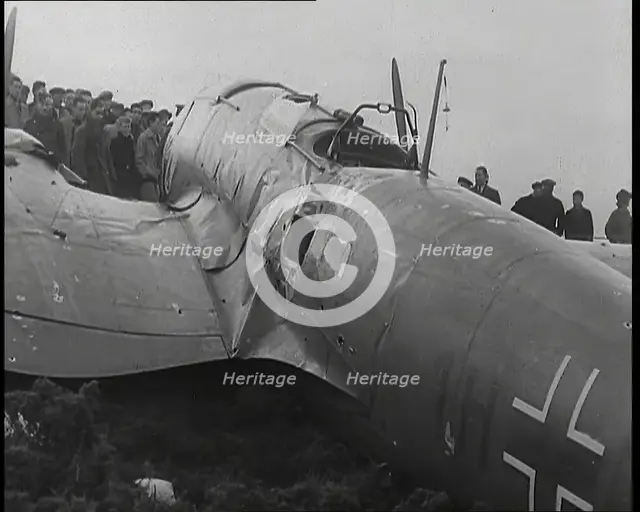 A Close up of a Downed German Airforce Bomber Lying in a Scottish Field With Damage to the..., 1939. Creator: British Pathe Ltd.