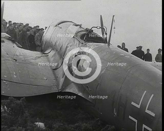 A Close up of a Downed German Airforce Bomber Lying in a Scottish Field With Damage to the..., 1939. Creator: British Pathe Ltd.