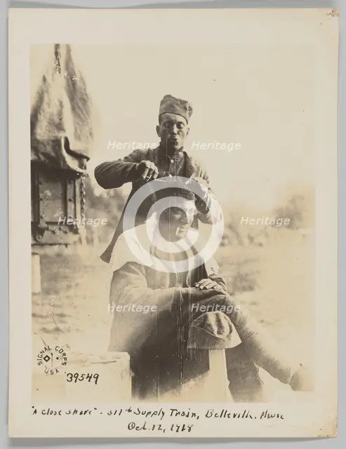 "A close shave" - 317th Supply Train, Belleville, Meuse, Oct. 12, 1918, October 12, 1918. Creator: Unknown.