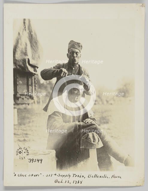 "A close shave" - 317th Supply Train, Belleville, Meuse, Oct. 12, 1918, October 12, 1918. Creator: Unknown.