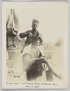 "A close shave" - 317th Supply Train, Belleville, Meuse, Oct. 12, 1918, October 12, 1918. Creator: Unknown