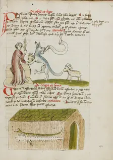 A Cleric Instructing a Wolf with a Rod: A Snake in a House; Fables, third quarter of 15th century. Creator: Unknown