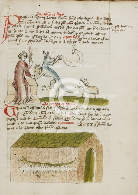 A Cleric Instructing a Wolf with a Rod: A Snake in a House; Fables, third quarter of 15th century. Creator: Unknown.