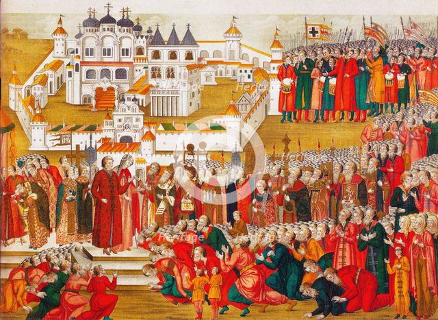 A crowd at the Hypatian Monastery imploring Mikhail Romanov's mother to let him go to Moscow and bec Artist: Matveyev, Artamon Sergeevich (1625-1682)