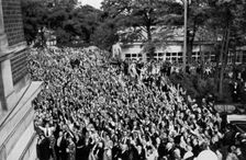 A crowd gathered beneath Adolf Hitler's window, Bayreuth, Germany, 1936