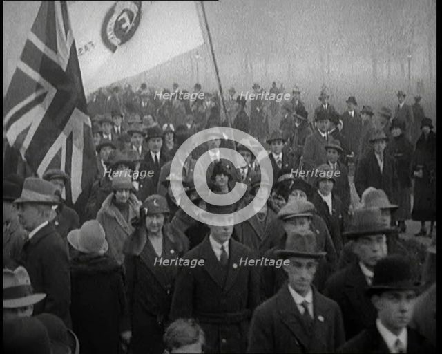 A Crowd of People Carrying Flags. Flags read  'British Fascists', 1924. Creator: British Pathe Ltd.