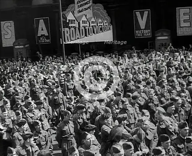 A Crowd of Soldiers Listening to a Speech by Lord Beaverbrook, Birmingham, 1942. Creator: British Pathe Ltd.