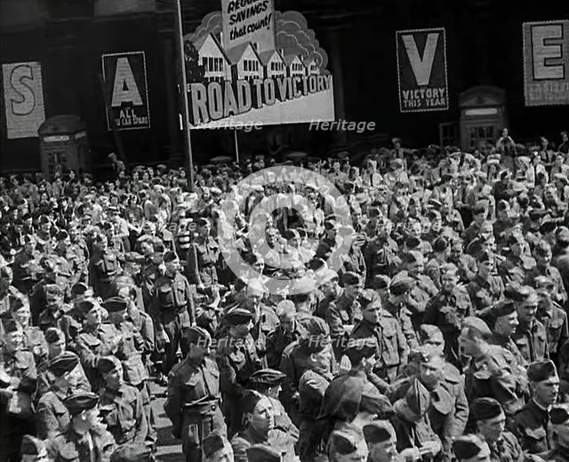 A Crowd of Soldiers Listening to a Speech by Lord Beaverbrook, Birmingham, 1942. Creator: British Pathe Ltd.