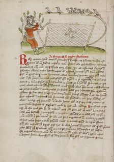 A Crowned Man Pointing to his Eyes and Holding a Net over a Bird, third quarter of 15th century. Creator: Unknown