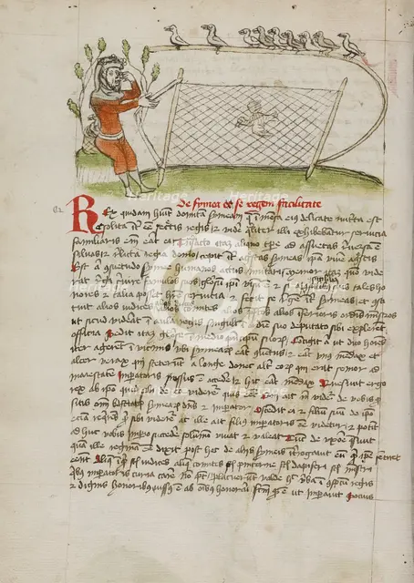 A Crowned Man Pointing to his Eyes and Holding a Net over a Bird, third quarter of 15th century. Creator: Unknown.