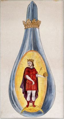 A crowned alchemical flask containing a young king, dressed in red, representing the..., 1900-1909. Creator: Edith Annie Ibbs