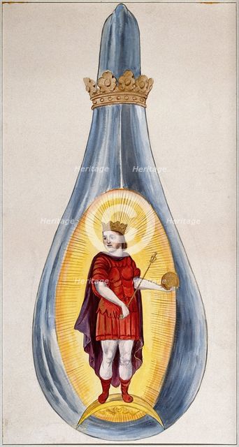 A crowned alchemical flask containing a young king, dressed in red, representing the..., 1900-1909. Creator: Edith Annie Ibbs.