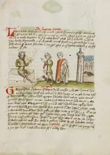 A Crowned Judge Enthroned Speaking to a Man with a Black Bird; Fables, third quarter of 15th century Creator: Unknown