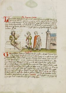 A Crowned Judge Enthroned Speaking to a Man with a Black Bird; Fables, third quarter of 15th century Creator: Unknown